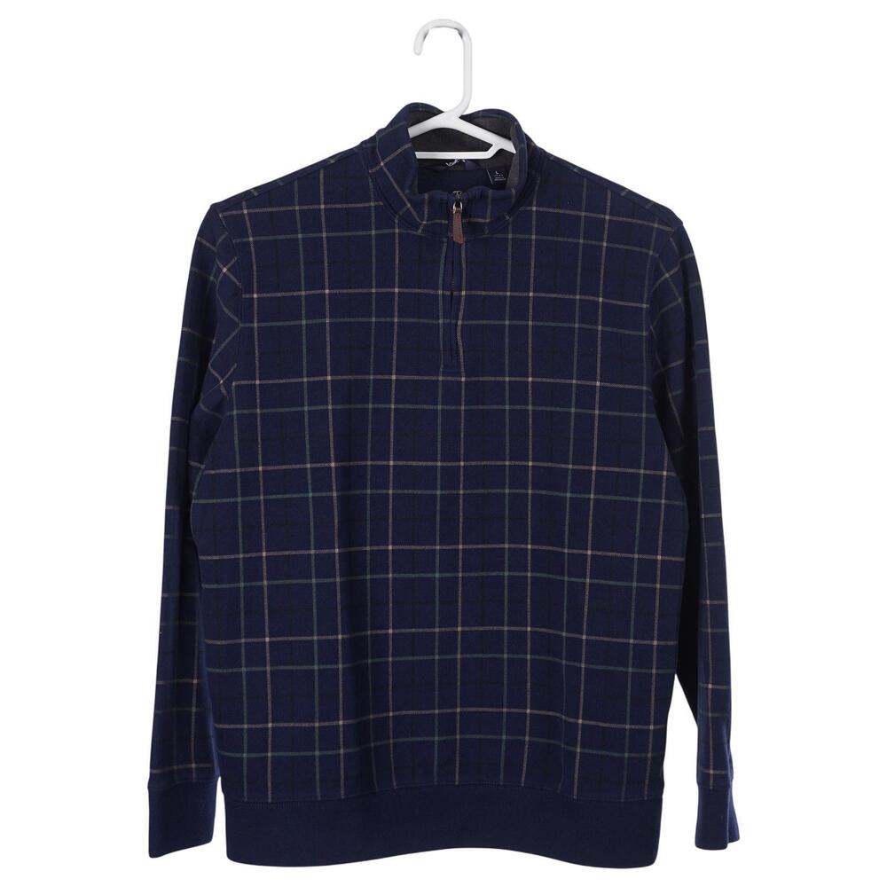 LANDS' END Sweater Men L Blue Pullover 1/4 Zip Plaid Cotton Blend Knit Casual
